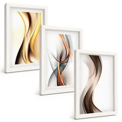 BILDER SET 3er Set - 20x30 cm Weißer Rahmen - Gelbgrau-braune Wellen