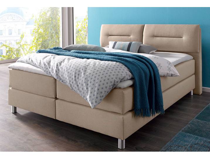 Boxspringbett MAINTAL, beige, Strukturstoff, Liegefläche B/L: 180cm x 200cm, H3, Bonnell-Federkernmatratze, Bezug bei beige, anthrazit und hellgrau: pflegeleichter Strukturstoff (100% Polyester);Bezug bei weiss und schwarz: Kunstleder (100% Polyurethan);Spiegelfläche der Matratzen: Material angeben (100% Polyester), Komplettbetten, Boxspringbett, inkl. Topper