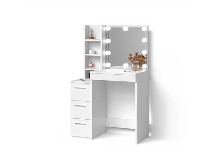 Livinity Schminktisch Ivera, Weiß 79.9 cm Spiegel mit LED-Lichterkette · 4 Schubladen · Freistehend · Seitliches Regal · Offene Ablagefächer