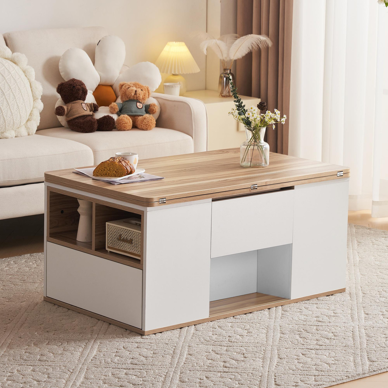 Fortuna Lai Hebbarer multifunctionele salontafel met uitklapbaar blad, wit en houtkleur, Hoogte: 51 cm, Breedte: 47 cm