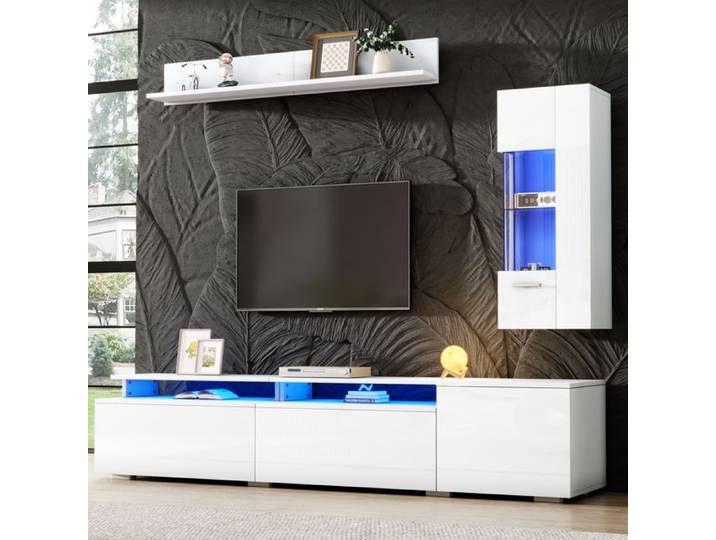 Ensemble mural TV 3 pcs blanc brillant LED meuble vitrine étagère pour écran jusqu'à 80 pouces