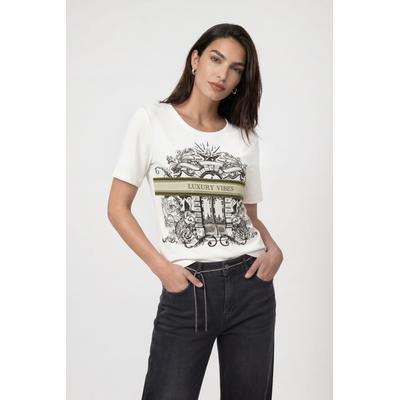 T-Shirt MONARI "Shirt Druck + Schmuck", Damen, Gr. 36, weiß (off, weiß), Web, Obermaterial: 94% Baumwolle, 6% Elasthan, unifarben, regular fit taillenbedeckt, Rundhals, eingesetzt abgesteppte Kante, Shirts T-Shirt, Regular fit mit Strassdetails