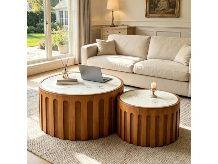 RYDZCLH Rundes Couchtisch 2er-Set mit Rillenstruktur und Marmorplatte Moderner Runde Couchtisch Holz Mit Geriffelter OberfläChe FüR Wohnzimmer, Schlafzimmer Und Kleine RäUme,Keine Montage