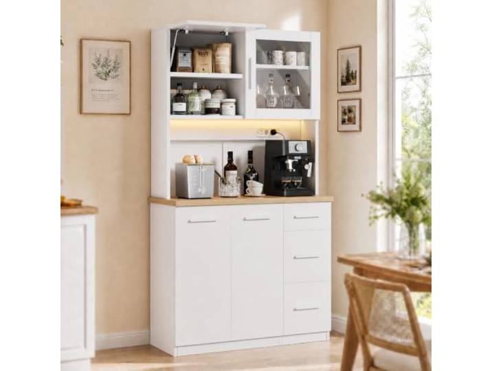 JUMMICO Küchenschrank mit Arbeitsplatte & Steckdose, Buffetschrank LED Soft-Close, Vorratsschrank Höhenverstellbar Verstärkte Rückwand, Mehrzweckschrank Küche Wohnzimmer (Weiß*100CM)