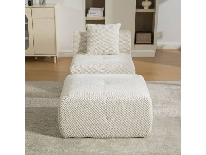 Fauteuil compressé modulaire AESVAR 1 place en chenille beige avec pouf et coussin