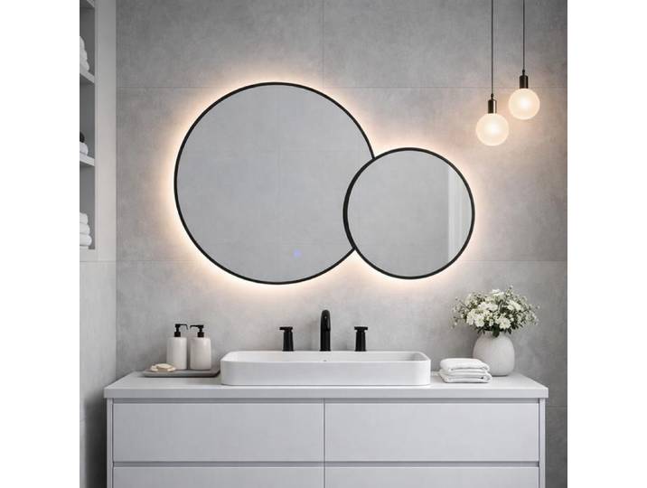 DOUBLE MIROIR ROND AVEC BORD NOIR ET RÉTRO-ÉCLAIRAGE PAR LEDS