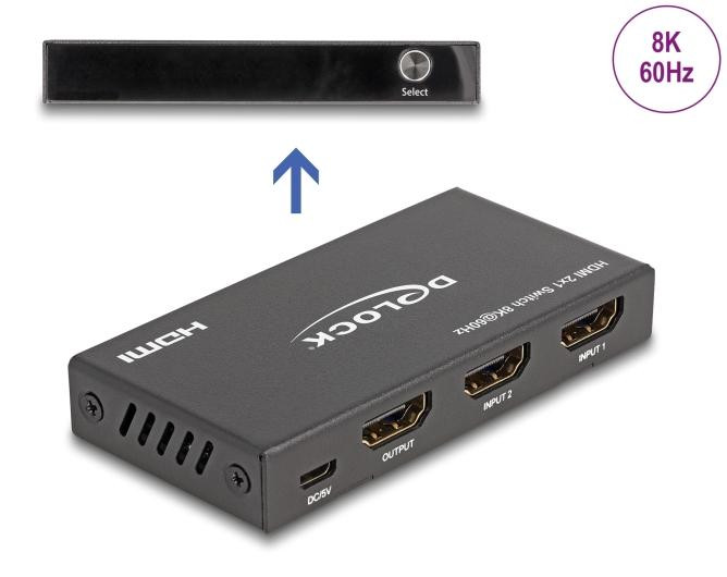 Delock HDMI-schakelaar met 2 HDMI-ingangen en 1 HDMI-uitgang, 8K 60 Hz
