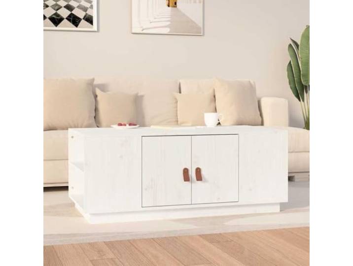 HEFZGDB Couchtisch Weiß 100x50x41 cm Massivholz Kiefer mit Stauraum Fach Ablage, Moderner Wohnzimmertisch Beistelltisch aus Naturholz