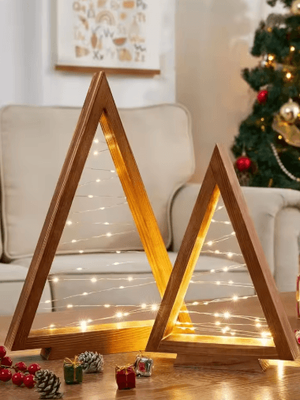 Inspire Picks 2PCS Wood Christmas Tree With LED Lights Modern Farmhouse Lighted Tabletop Christmas Tree For Holiday Decor multi 2pcs Set