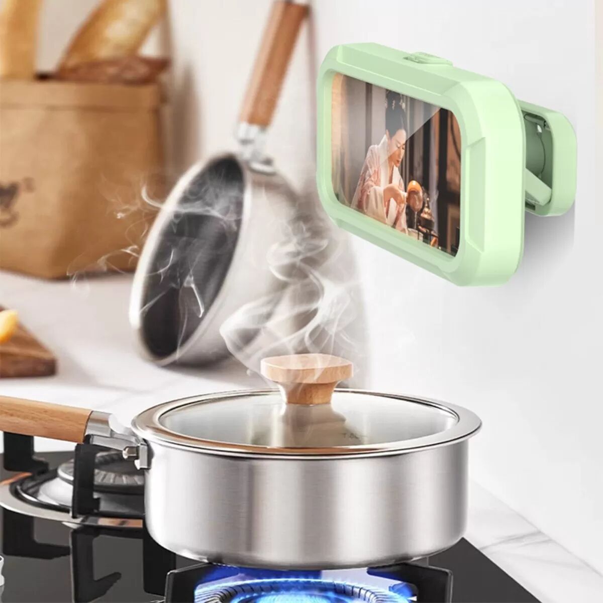INF Feste wasserdichte Dusch-Handybox, abnehmbarer Auslegerarm, 360° drehbar, Antibeschlag-Touchscreen-Schutz Grün