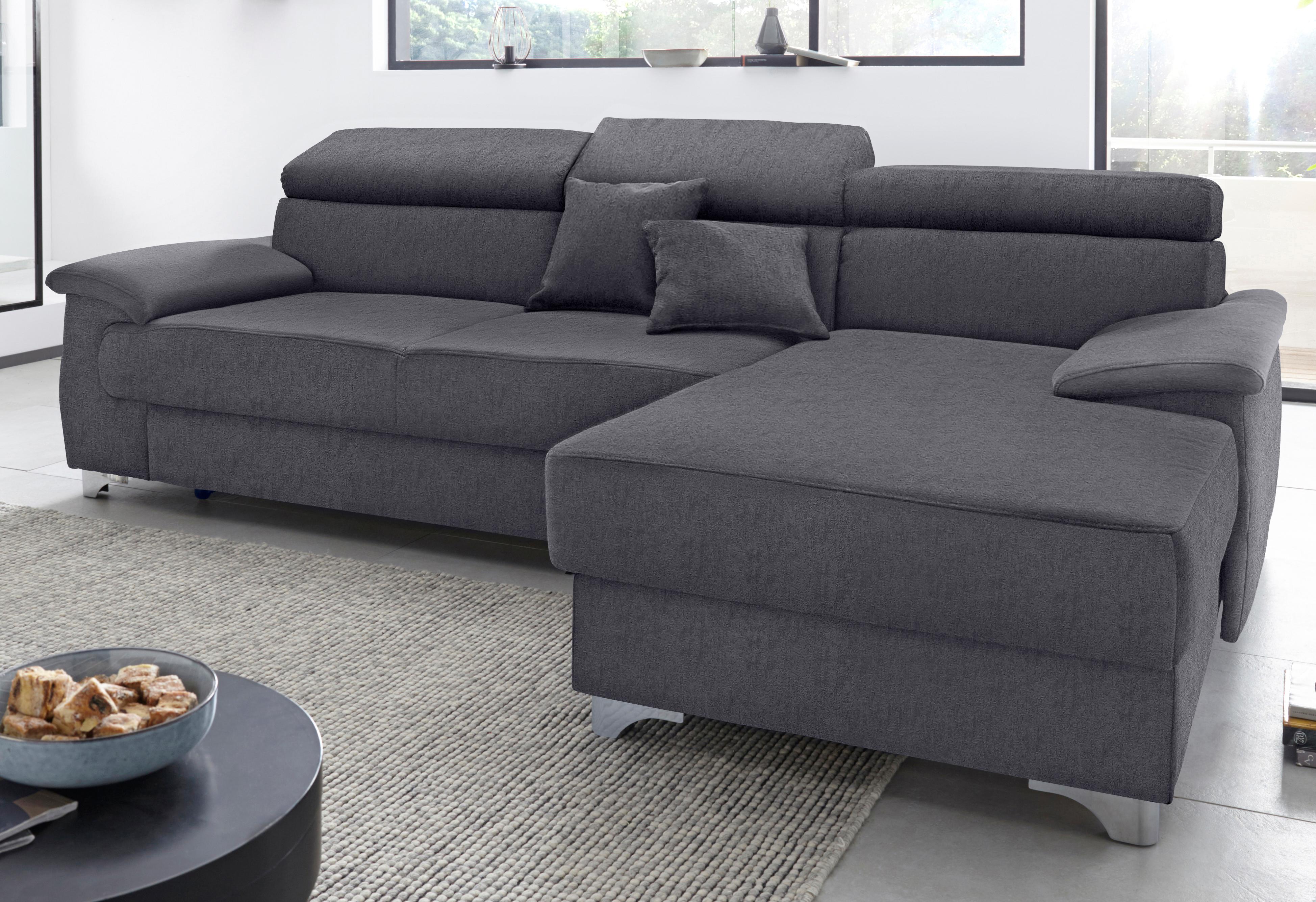 Ecksofa DOMO COLLECTION "Mira, inklusive Kopfteilverstellung für mehr Wohlfühlkomfort, L-Form", grau (dunkelgrau), B:271cm H:78cm T:167cm, Zierkissen: Entsprechend jeweiligem Bezug.;Struktur (100% Polyester);Struktur fein (100% Polyester);Luxus-Microfaser
