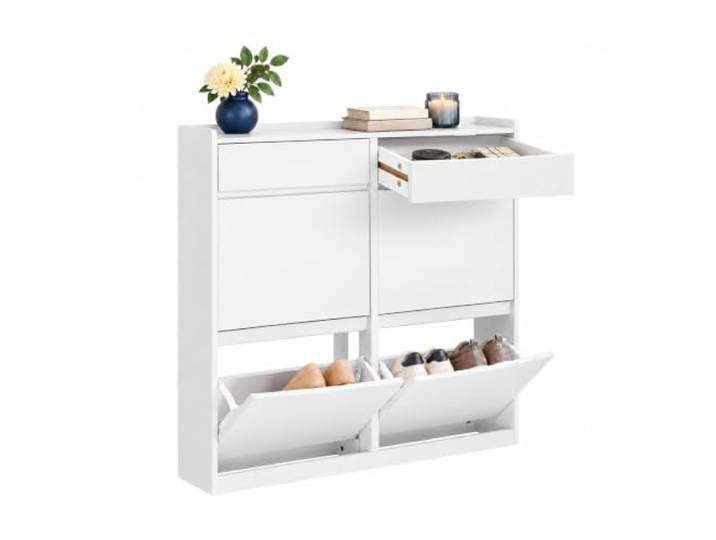 SoBuy Schuhschrank Weiß, 19 cm tief, 4 Klappen, 2 Schubladen Nur ca. 0,2 m² Stellfläche, platzsparend mit Stauraum für Kleinteile, ideal für Flure und Apartments