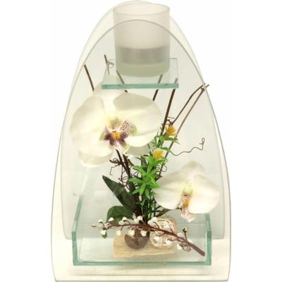 Kunstpflanze I.GE.A. "Orchidee mit Teelichthalter 23/15 cm", weiß, B:15cm H:23cm T:7,5cm, Glas, Kunststoff, Polyester, Kunstpflanzen, Kunstpflanze