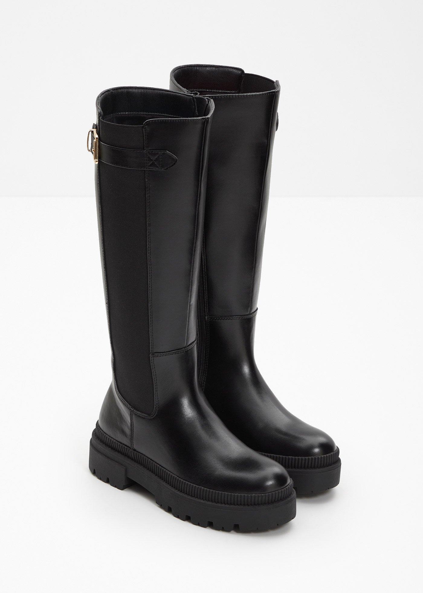 bonprix Gefütterter Plateau-Stiefel mit Stretch-Einsatz, schwarz, Gr.41, Schöner Stiefel mit Elastik-Einsatz und dekorativer Schnalle
