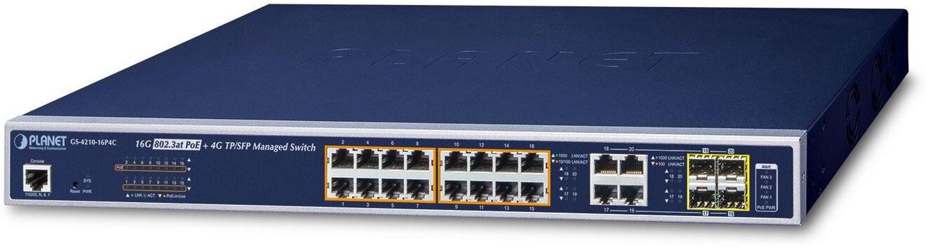 PLANET GS-4210-16P4C 16-Port Gigabit 802.3at PoE+ Managed Switch with 4-Port TP/SFP Combo Uplinks (220W)