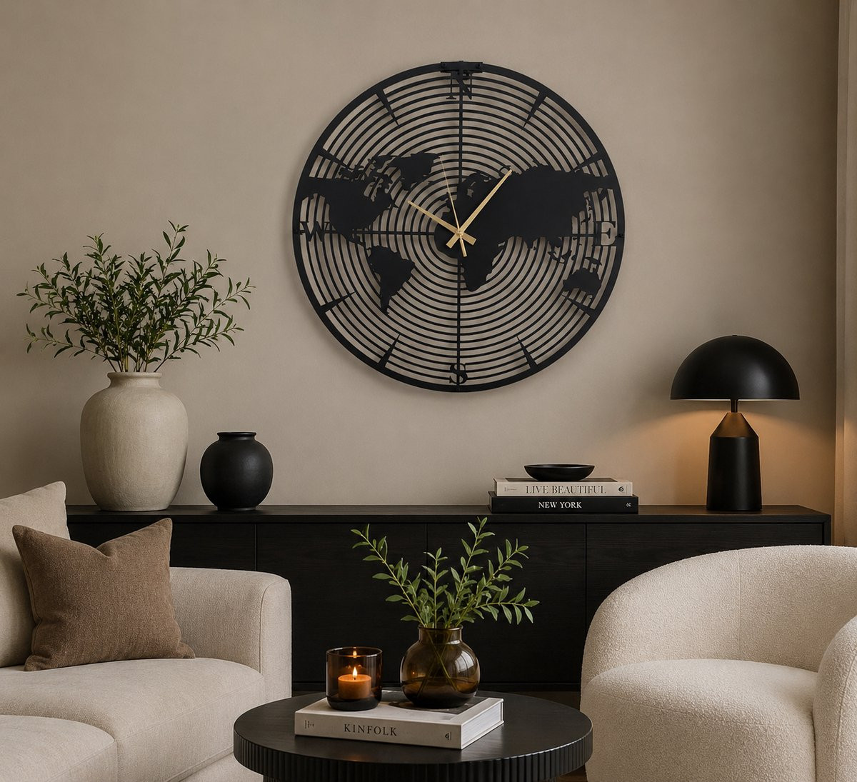 Moderne analoge wandklok met wereldkaart ontwerp van metaal en staal