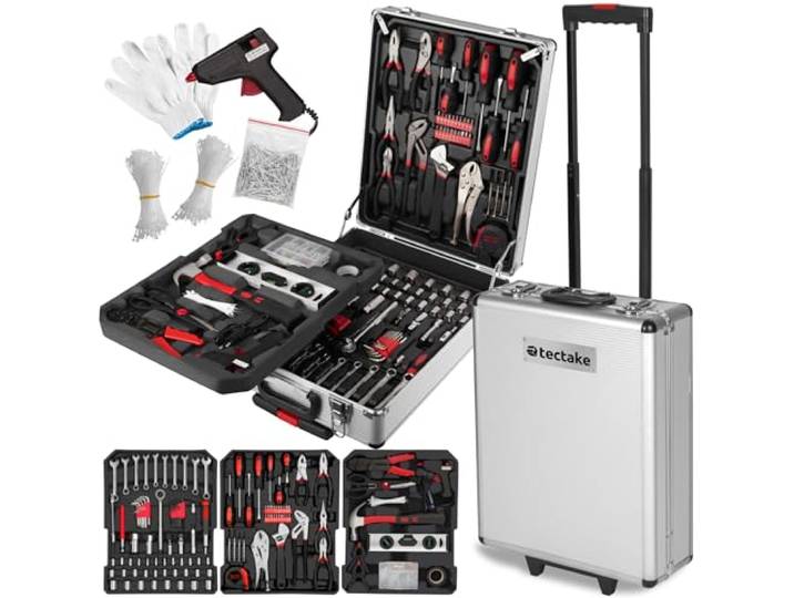 tectake® Caisse à outils sur roulettes Boîte à outils en Aluminium 799 Pièces 3 Compartiments\, Rangement atelier Outillage à main Bricolage Embout visseuse Kit tournevis Rangement visserie