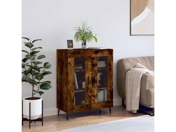 HEFZGDB Zeitloses Sideboard zur Aufbewahrung und Präsentation, klassisches Sideboard mit Glasfront in Räuchereiche, aus Holzwerkstoff mit Metallfüßen und viel Stauraum im Glasdesign,