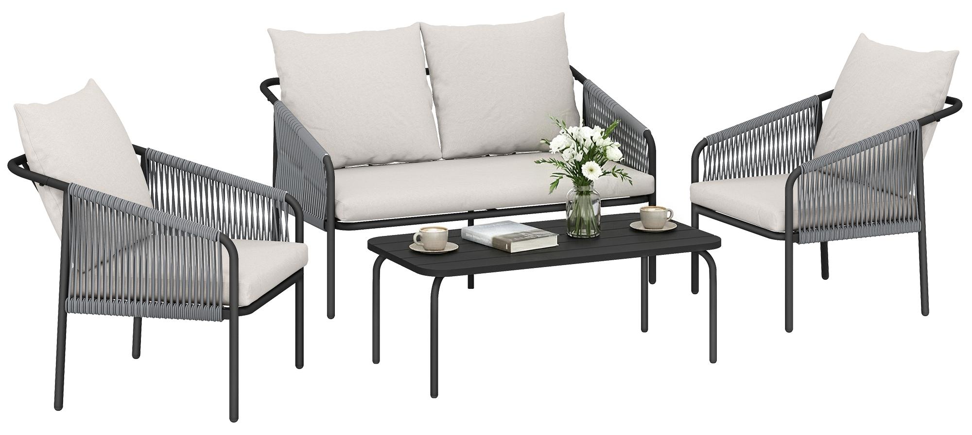 Gartenmöbel Set 4-teilig Polyrattan Lounge-Set mit Zweisitzer 2 Sessel Couchtisch abnehmbar Kissen Bindebändern
