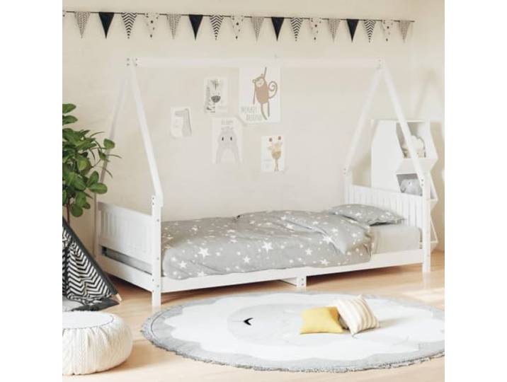 HGFDSAWE Kinderbett 90x200 cm Hausbett Massivholz Kiefer Wei Einzelbett Rustikaler Look, Stabile Latten, Niedriger Einsteig