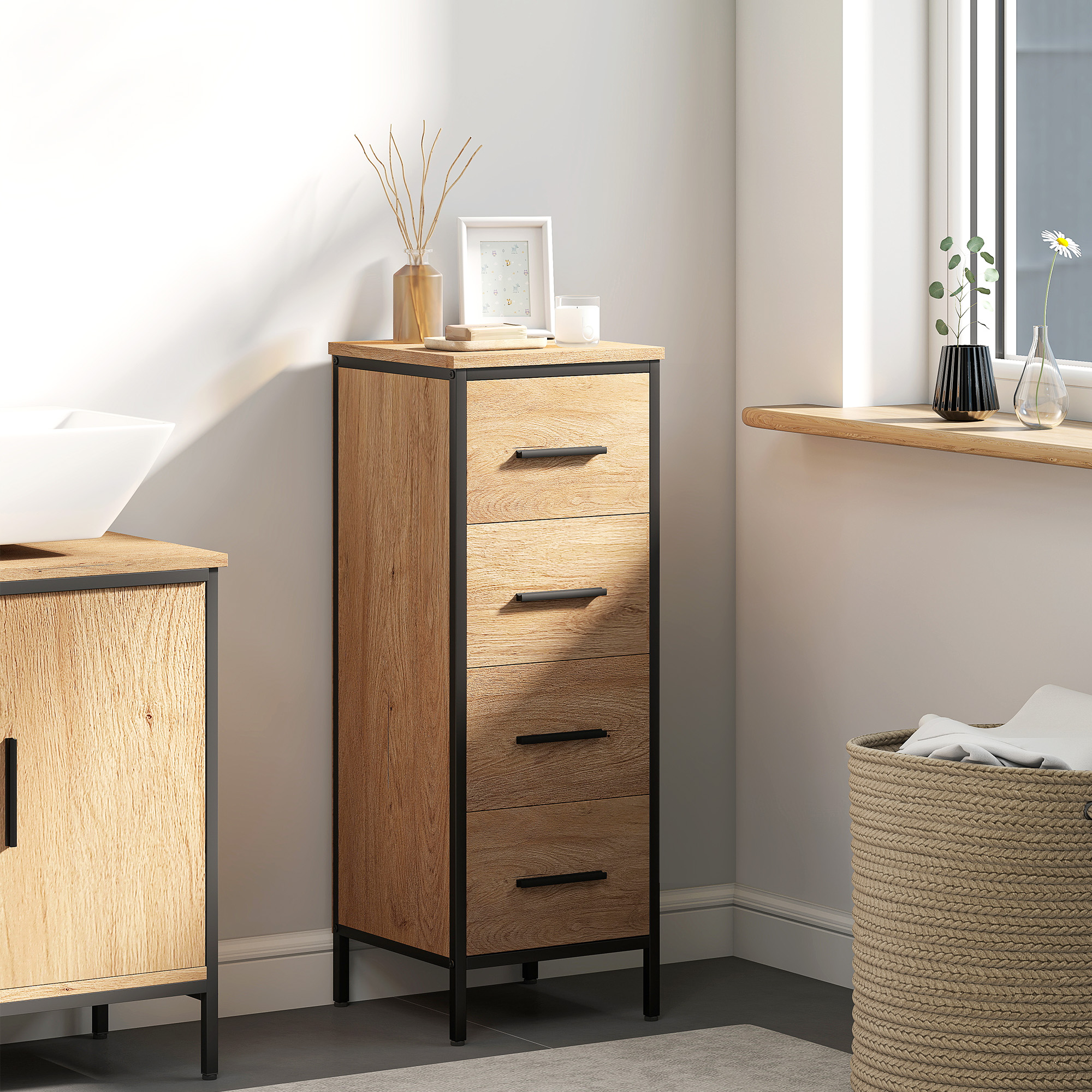 Homcom Armadietto bagno, 4 cassetti, compatto, stile industriale, pannello truciolare, metallo   Aosom Italy