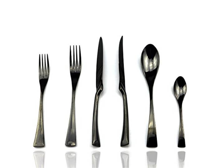 JASHII Besteck-Set aus 18/10 Edelstahl, hochglanzpoliert, schwarz, Tafelmesser, Steakmesser, Salat, Gabel, Dessert, Kaffeelöffel, Service für 4, schwarze Utensilien-Sets