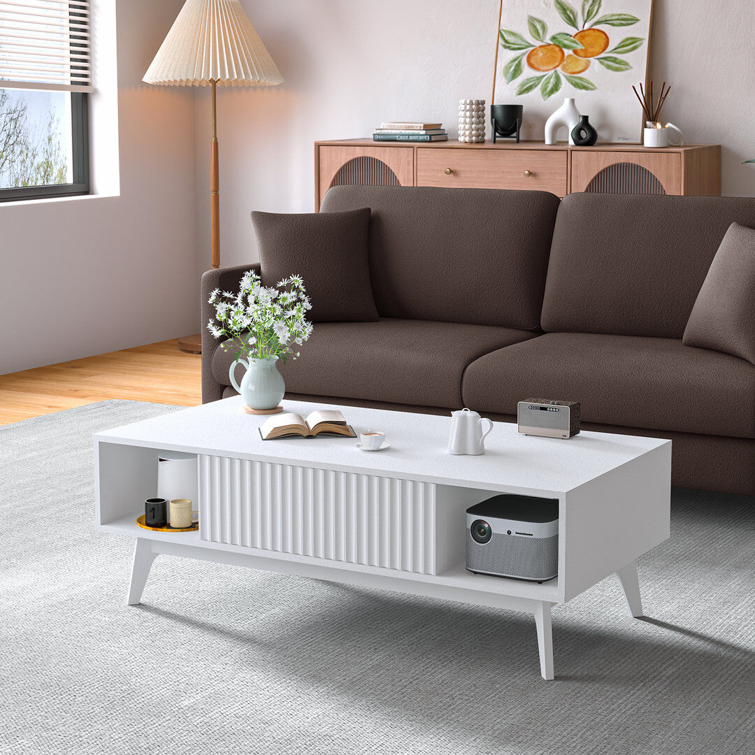 George Oliver Modern Rectangular 100cm Four Leg Coffee Table with Storage White 15.75cm H X 39.37cm W X 21.65cm D