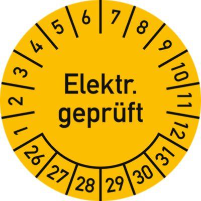 moedel Prüfplaketten Elektr. geprüft 2026–2031, Folie, Ø 30 mm, 10 Stück/Bogen, für elektrische Geräte