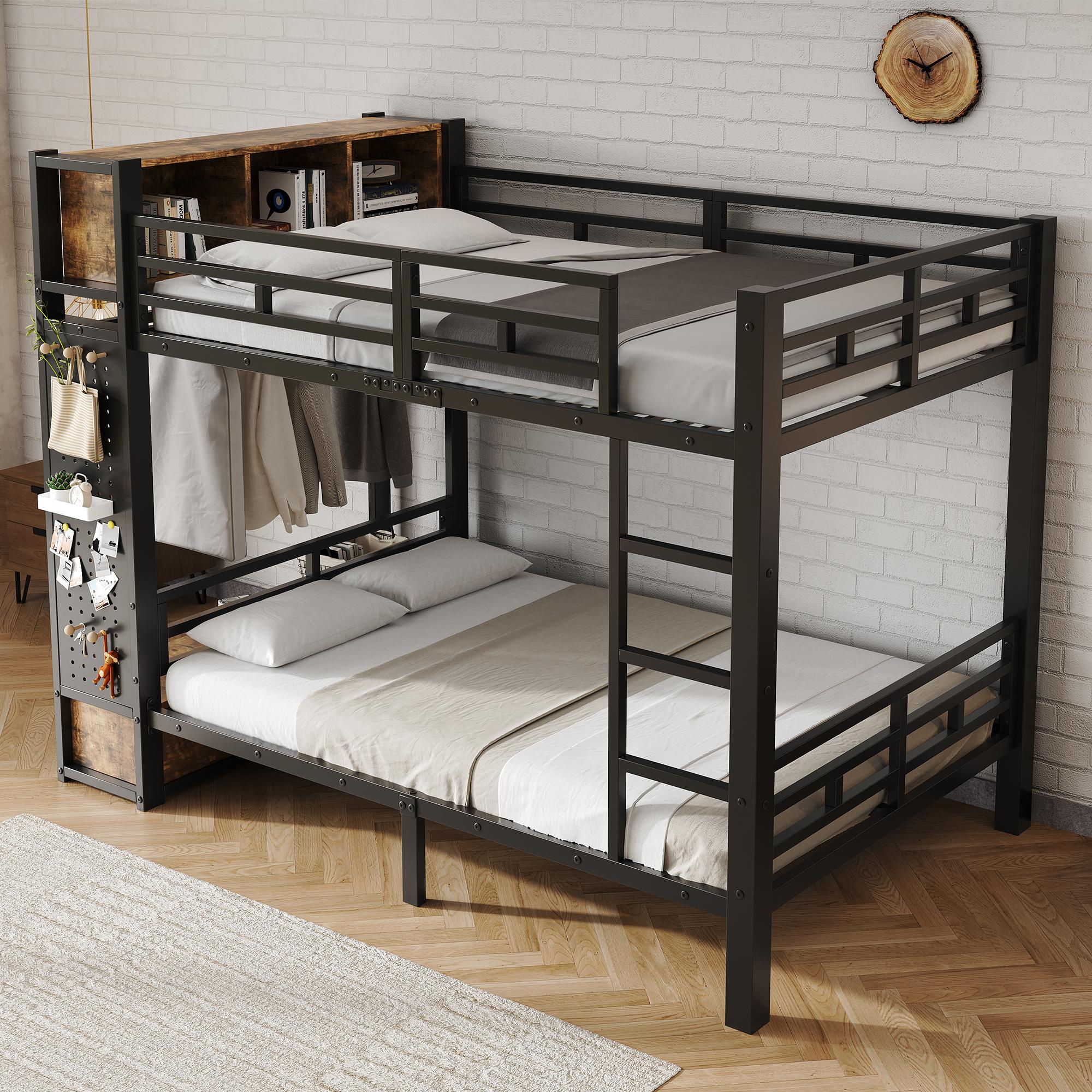 MODFU Metall-Etagenbett 120×200 mit Stauraummodul,Jugendbett mit Kleiderstange und Schublade, modernes Hochbett Kinderbett mit Liegefläche, Schwarz(ohne Matratze)
