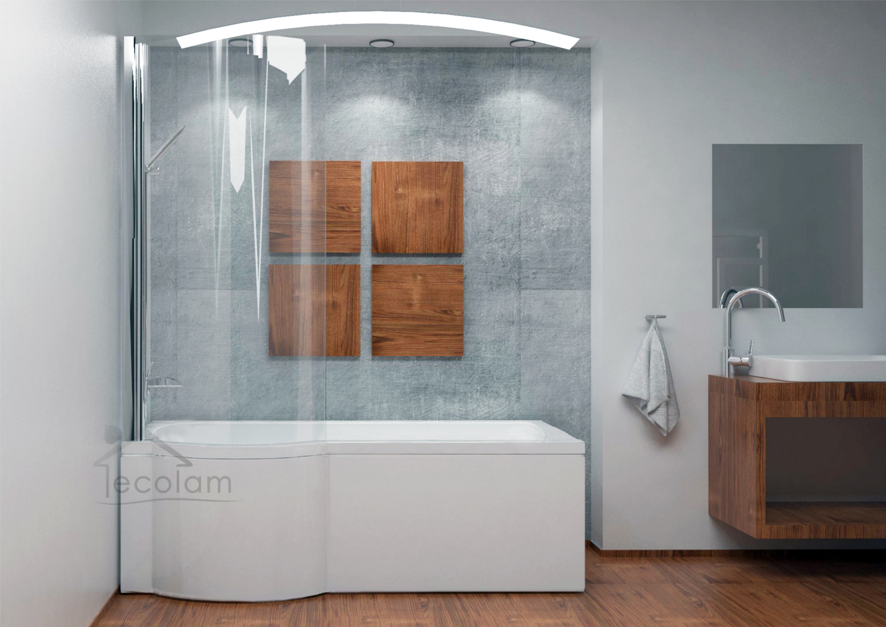 ECOLAM Duschbadewanne Set Badewanne + Glasabtrennung Duschwand Eckbadewanne I-Besco 150x70 LINKS Schürze Ablaufgarnitur Füße Silikon