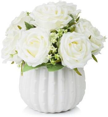Enova Home Mixed Artificial Silk Roses Fake Flowers Arrangement in White Ceramic Pot for Home Office Decoration