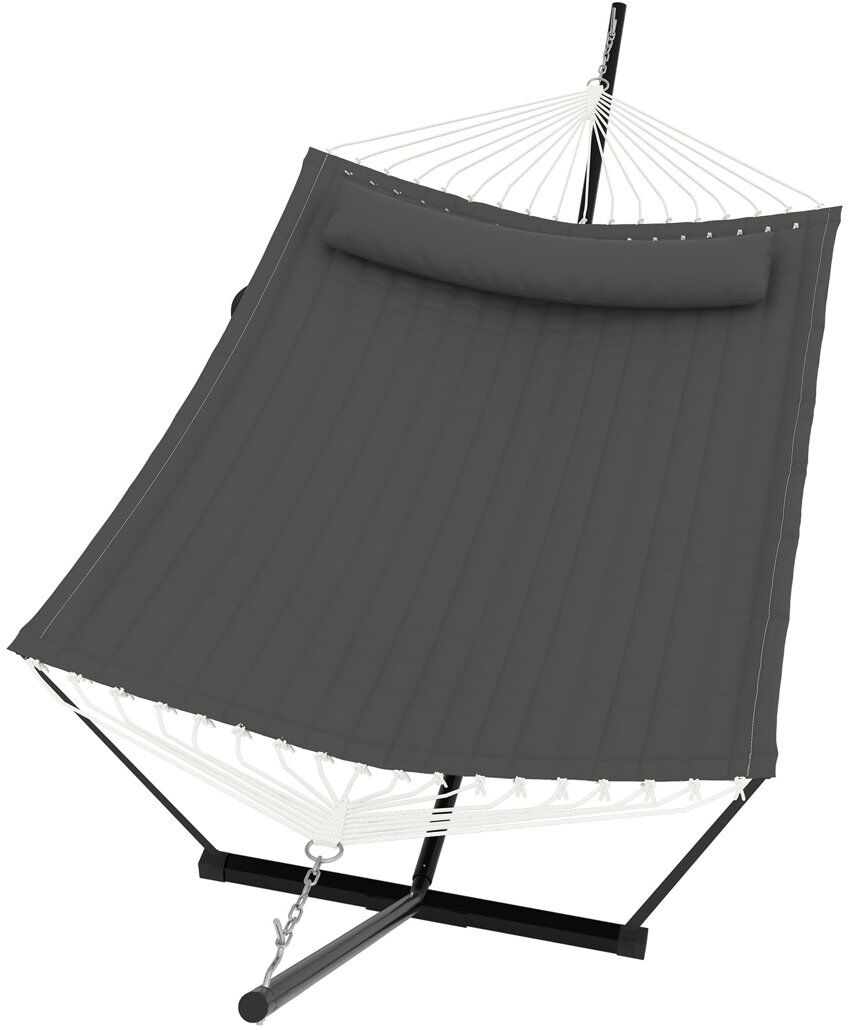 17 Stories ? 2 Person Hammock with Stand for Outside, Double Hammock with Stand and Pillow, Max 450 Lbs Capacity with Balance Rope, Large Hammock for Outdoor Pat Grey 110cm H X 365cm W X 132.1cm L