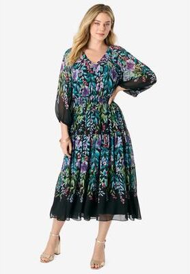 Plus Size Women's Georgette Tiered Dress by Roaman's in Black Multi (Size 18 W)