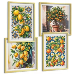 BILDER SET 4er Set - 50x50 cm & 40x60 cm Goldrahmen - Farbenfrohe abstrakte Zitrusfrüchte