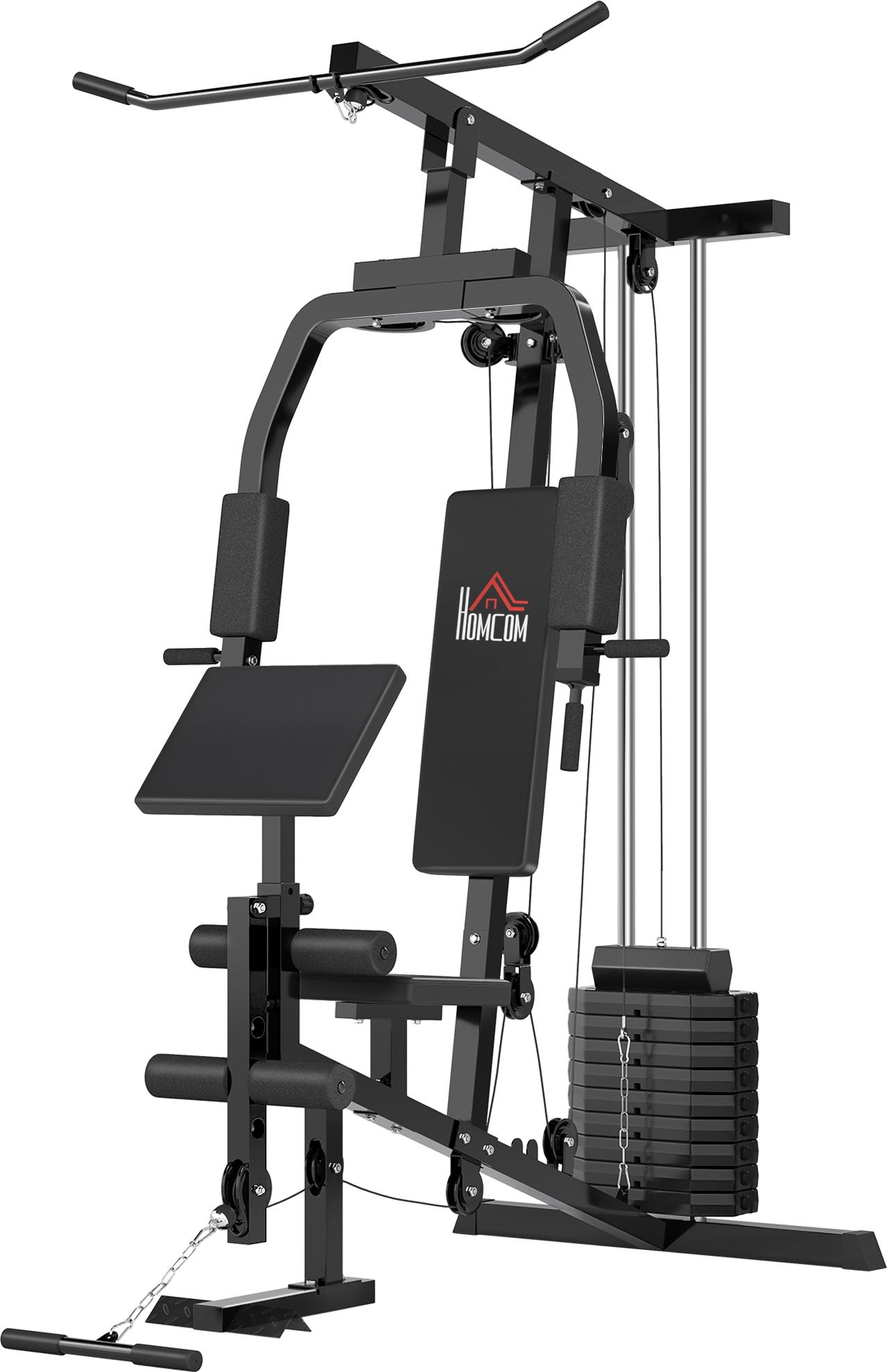KraftstationfürZuhauseFitnessstationmitLatzuggerät,Kabelzug,kurzerBizepsstange,Brustpresse,Beintrainer,Butterfly-Maschine45kgGewichtenMultifunktionFitnessstationSchwarz