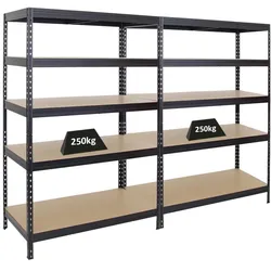 PROREGAL Mega Deal 2er-Set Schwerlastregal Rivet | HxBxT 180x120x60cm | Fachlast 250kg | Schwarz | Innovatives Stecksystem, Lagerregal, Kellerregal