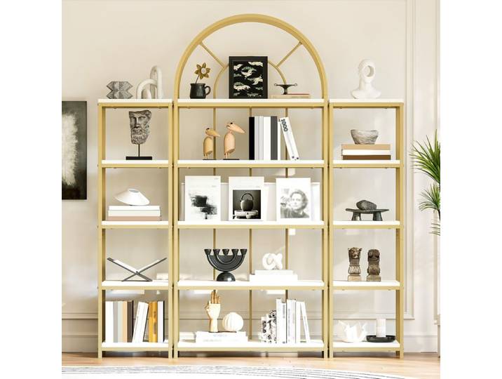 Étagère Modulable 163x30x184 cm - Bibliothèque 3 Pièces Métal Doré & MDF Blanc Design Arc Rangement Salon Bureau Cuisine