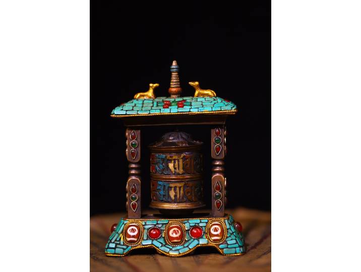 5 Xizang Folk vieux Bronze peint mosaïque gemme gZi perles Turquoise Six mots proverbes roue de prière vieilles écritures