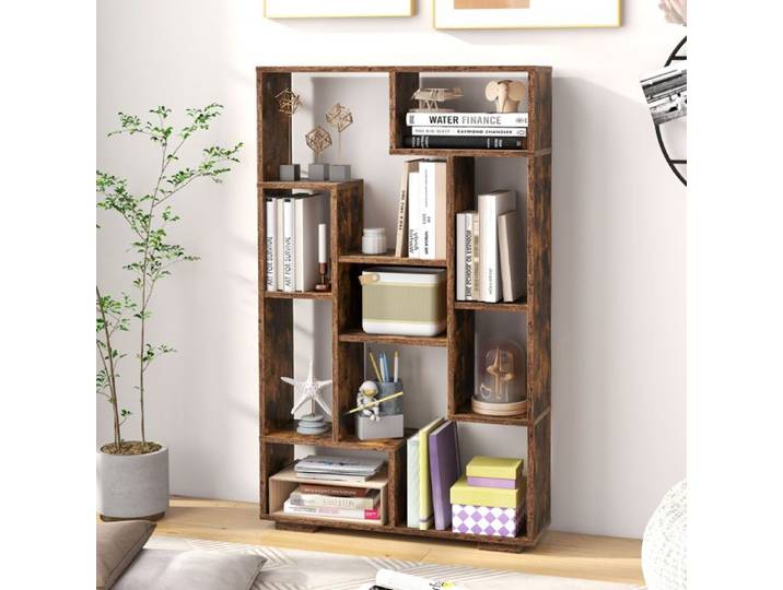 Bibliothèque Géométrique 120 cm COSTWAY Etagères Ouvertes Etagère de Rangement Autoportante avec Kits Anti-basculement Marron