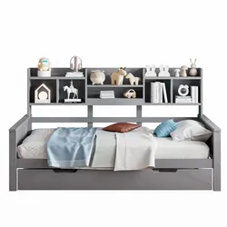 Ausziehbett 90x200 cm aus Kiefernholz mit Stauraum, Ablagefächern und multifunktionalem Design – modernes Schlafsofa Grau
