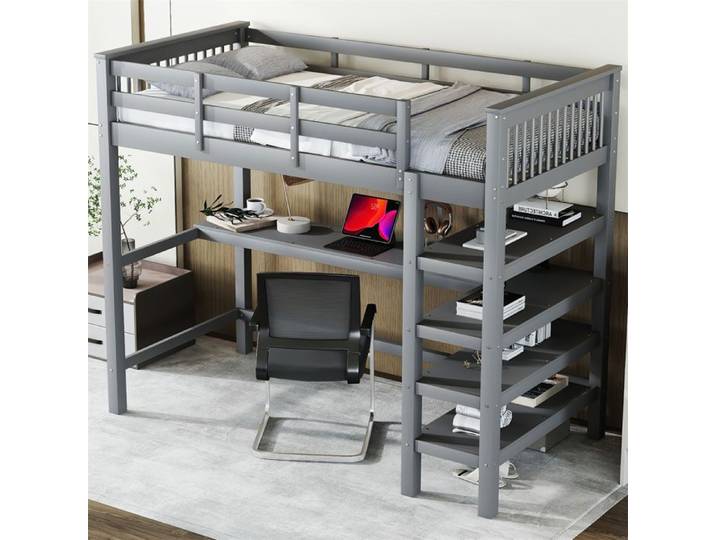 Lit Mezzanine avec Bureau Lit Mezzanine Enfant 90x200 Lit en Hauteur pour Adulte Ado Étagères de Rangement en Pin Bois Gris