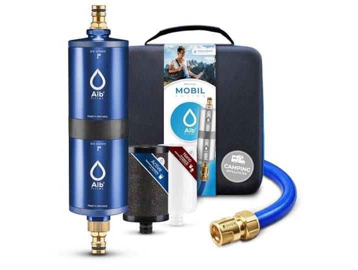 Alb Filter MOBIL FUSION Befüllfilter Camping Alu Blau Zweistufiger Wasserfilter gegen Schadstoffe & Keime bis 0,1 µm, Befüllfilter, GEKA-Set Gardena-kompatibel, Made in Germany
