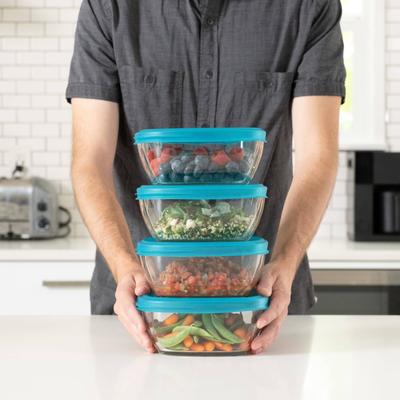 Libbey Serve It 8-Piece Glass Storage Bowl Set with 6-Cup Containers and Blue Plastic Lids - Set of 8