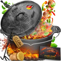 aktimeo Dutch Oven 12 Liter – Gusseisentopf mit Deckel aus Gusseisen inkl. Zubehör & Rezeptbuch für Grill, Lagerfeuer, Backofen und Induktion