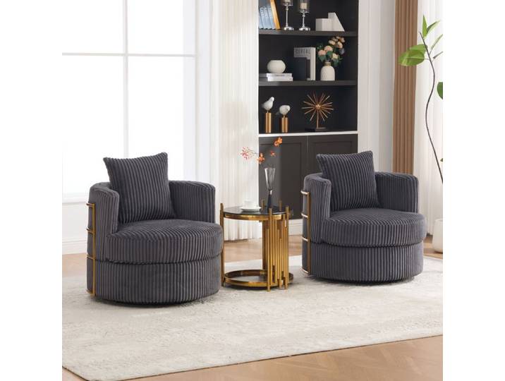 Fauteuil - ZEVKOR - Fauteuil Relax Pivotant 360° - Lot de 2 - Tissu corduroy gris - Rangement sous l'assise
