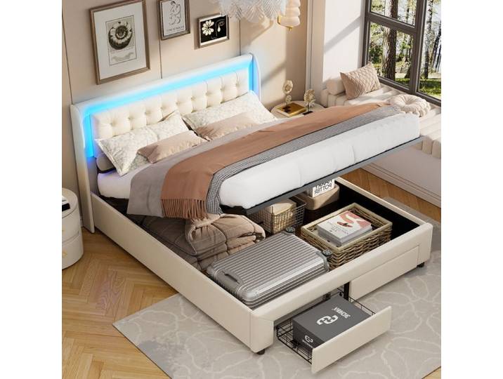 Lit coffre 180x200 lit 180x200 avec sommier lit adulte 180x200 avec 2 tiroirs lit double capitonné LED velours beige