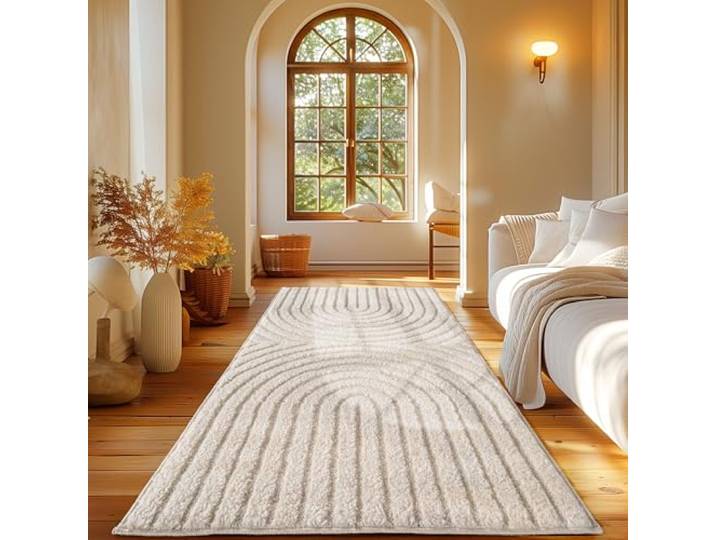 Carpetsale24 Tapis Coureur 80x250 cm Crème à Poils Longs Design Scandi Boho Effet Relief Shaggy Doux Moelleux Robuste Facile à Nettoyer Moderne pour Chambre\, Couloir