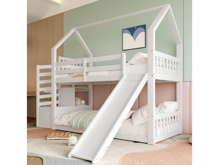 ULEVR Lit mezzanine enfant 90x200 cm blanc avec toboggan escalier de rangement barrières pin et MDF
