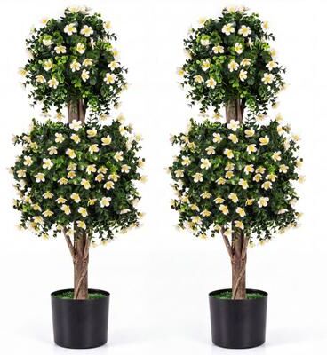 Costway Set of 2 Artificial Topiary Trees Realistic Evergreen Plant with 2 Topiary Balls-White