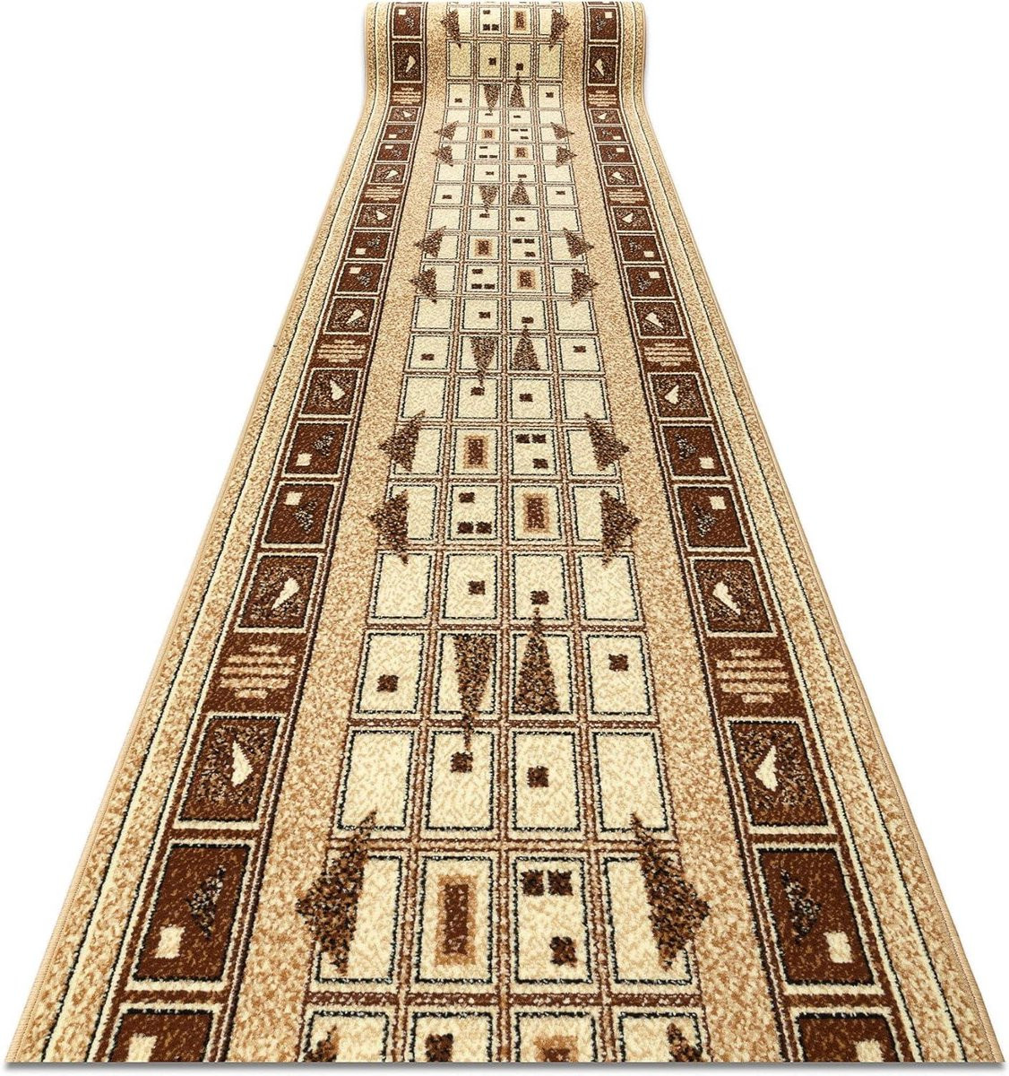 Beige geometrische tapijtloper voor gang, keuken of badkamer, geschikt voor vloerverwarming, 90 x 350 cm